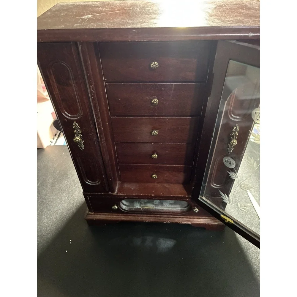 Vintage Wooden Jewelry Armoire Cabinet with‎ Etched Glass